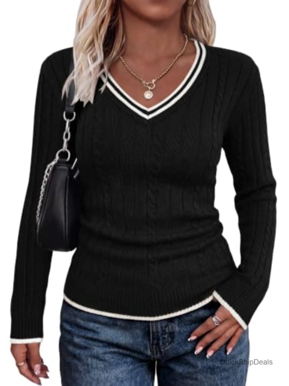 Womens V Neck Color Block Sweater Long Sleeve Slim Fit Cable Knit Pullover